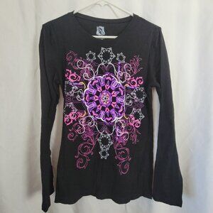FRZ Large 12/14 Long Sleeve Tee Colorful Silver Glitter accents FUN Cotton EUC